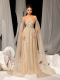 Elegant Off-Shoulder Sequined Gown with Flowing Cape – Luxury Evening Wear for Weddings or Red Carpet Events, XS-XL