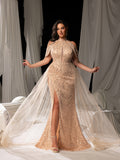 Plus Elegant Mesh Overlay Split Mermaid Hem Sequined Beaded Evening Dress