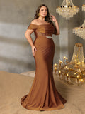 Plus Off-Shoulder Mermaid Gown with Ruching | Silver Belt & High Side Slit
