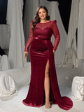 Plus Luxury Formal Gown with Sequin Bodice, Puffed Sleeves, Velvet High-Slit Skirt