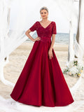 Womens' Lace & Satin A-Line Mother-of-the-Bride Gown with V-Neck Detail