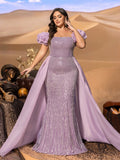 Plus Off-Shoulder Beaded Mermaid Gown with Puff Sleeves, Corset Back & Tulle Train | Luxury Glitter Evening Dress for Prom & Formal Events