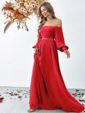 Off Shoulder Bishop Sleeves Chiffon Formal Dress - Elonnashop