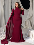 Plus Long-Sleeve High-Neck Mermaid Gown with Rhinestones & Transparent Cape Drape