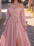 Off Shoulder Split Thigh Belted Chiffon A Line Dress