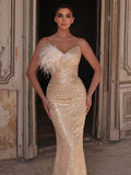 Elegant Feather Accent Strapless Mermaid Gown with Lace-Up Back