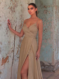 Solid V Neck Split Thigh Cami Bridesmaid Dress