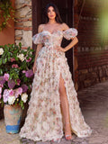 Floral Tulle Off Shoulder Cascading Ruffle Hem Slip Prom Dress