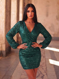 Stylish Surplice Neck Lantern Sleeve Sequin Bodycon Mini Party Dress Cocktail Dress