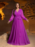 Plus Surplice Neck Long Sleeves Swiss Dot Belted Chiffon Party Dress