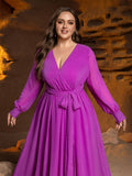 Plus Surplice Neck Long Sleeves Swiss Dot Belted Chiffon Party Dress