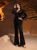 Stylish V Neck Long Sleeves Sequin Formal Party Jumpsuit