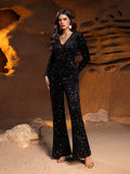 Stylish V Neck Long Sleeves Sequin Formal Party Jumpsuit