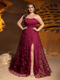 Plus Floral Appliques Split Thigh Mesh Tube Dresses