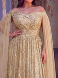 Plus Off-Shoulder Sequined Gown with Flowing Cape – Luxury Evening Wear for Weddings or Red Carpet Events, 1XL-5XL