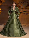 Plus Plunging Neck Long Sleeves A Line Prom Dress
