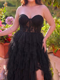 Plus Lace Bodice Contrast Layered Mesh Hem Prom Dress