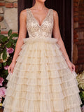 Gorgeous Plunging Neck Cascading Ruffle Hem Sequin Prom Dress