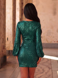 Stylish Surplice Neck Lantern Sleeve Sequin Bodycon Mini Party Dress Cocktail Dress