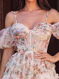 Floral Tulle Off Shoulder Cascading Ruffle Hem Slip Prom Dress