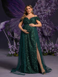 Plus Maternity Glittering Evening Gown with Thigh-High Slit – Sequined Red Carpet Dress for Pregnancy Galas & Photoshoots