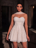 Beaded Sequin Sweetheart Neck Mini Dress with Detachable High Neck Cape & Open Back | Elegant Homecoming & Cocktail Party Dress