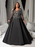 Plus Size Deep V-Neck Sequin Illusion Evening Gown - Satin Formal Dress with Long Sleeves & A-Line Skirt