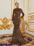 Elegant Maxi Sequin Evening Gown with Mock Neck, Long Sleeves, and Mermaid Fishtail Skirt