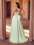 Plus Satin Spaghetti Straps Formal Evening Dress with High Slit