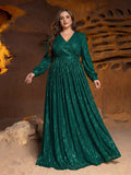 Plus V Neck Lantern Sleeve Sequin A Line Dresses