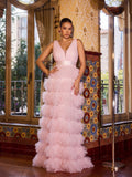 Plunging Neck Ruffle Layered Hem Cake Prom Dress