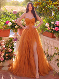 Elegant Lace Bodice Contrast Split Ruffle Layered Hem Prom Tube Dress