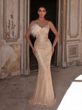 Elegant Feather Accent Strapless Mermaid Gown with Lace-Up Back