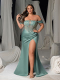 Plus Size Sequin Off-Shoulder Evening Gown - Fishbone Mermaid Dress with High Slit