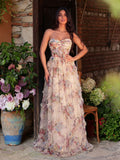 Ruched Bustier Ruffle Trim Hem Floral Printed Tube Dress