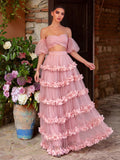 Off Shoulder Puff Sleeve Crop Top & Frill Trim Mesh Skirt
