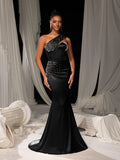Elegant One Shoulder Mermaid Hem Satin Evening Dress with Pearl Accents