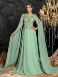 Elegant Chiffon Evening Gown with V-Neckline, Beaded Sequin Embroidered Bodice, Cape Sleeves and Flowy Floor-Length Skirt