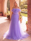 Off Shoulder Ruffle Trim Mesh Wedding Dress