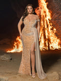 Plus Off Shoulder Split Thigh Sequin Formal Party Dress