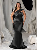 Plus One Shoulder Mermaid Hem Satin Evening Dress with Pearl Accents