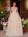 Gorgeous Plunging Neck Cascading Ruffle Hem Sequin Prom Dress