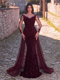 Elegant Sheer Sleeves Mesh Train Sequin Evening Dress