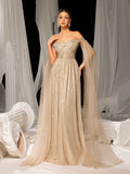 Elegant Off-Shoulder Sequined Gown with Flowing Cape – Luxury Evening Wear for Weddings or Red Carpet Events, XS-XL