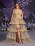 Plus Maternity One Shoulder Sleeveless Tulle Layered Hem Party Dress
