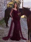 Elegant Sheer Sleeves Mesh Train Sequin Evening Dress