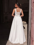 Elegant Square Neck Back Lace Up Satin A Line Dress