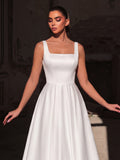 Elegant Square Neck Back Lace Up Satin A Line Dress