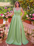 Plus Elegant Applique Detail Sweetheart Neck Split Thigh Satin Prom Dress