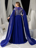 Plus Elegant Chiffon Evening Gown with Beaded Sequin Embellished Bodice, Cape-Style Sleeves & Flowy Floor-Length Skirt, Back Beaded Detail